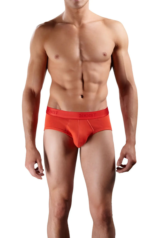 Bright orange 2xist men’s cotton contour pouch briefs with snug fit and elastic waistband in size small