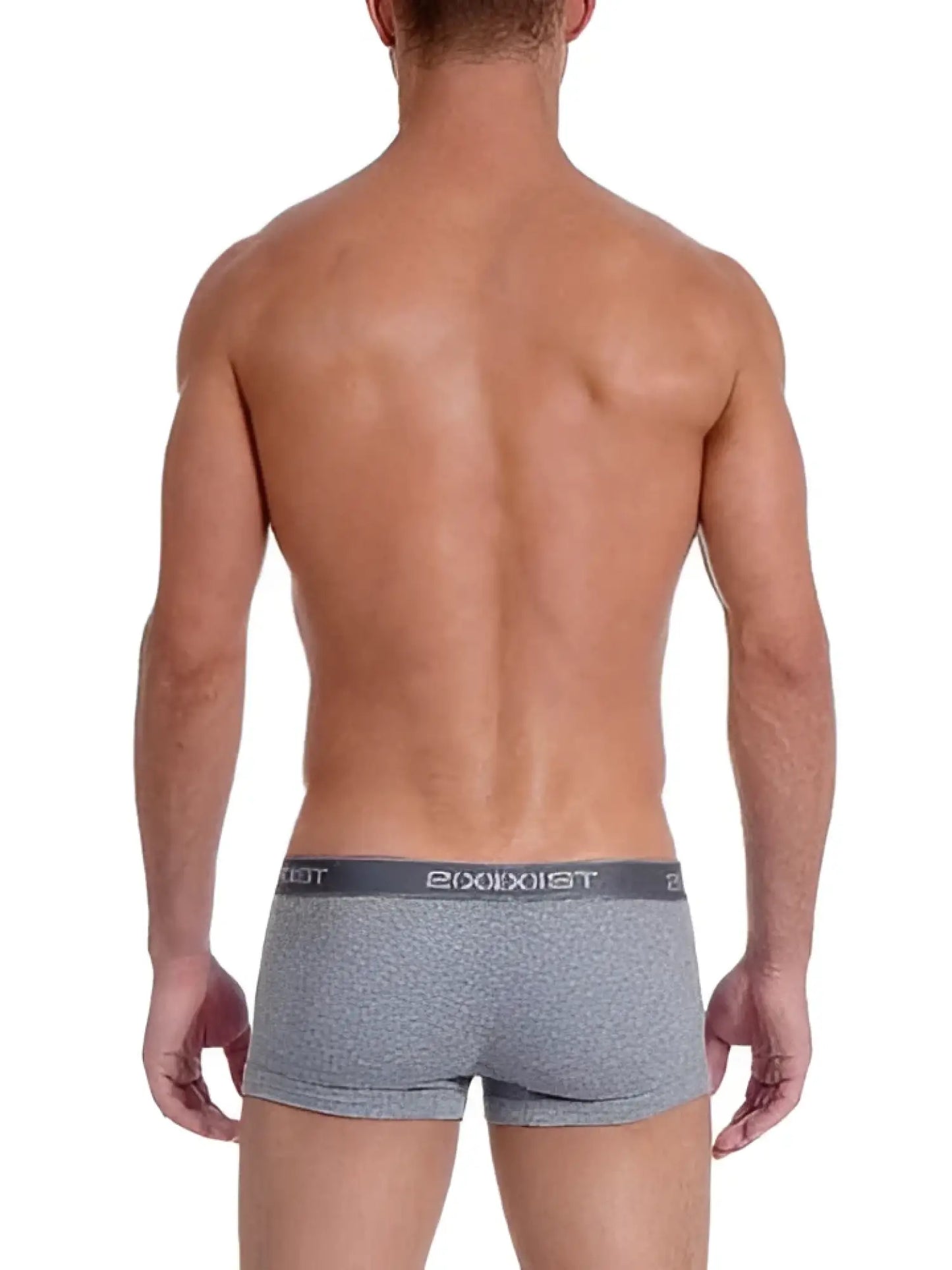 Gray heathered boxer briefs with dark gray waistband and booxist branding from 2xist essential no show trunk underwear size m