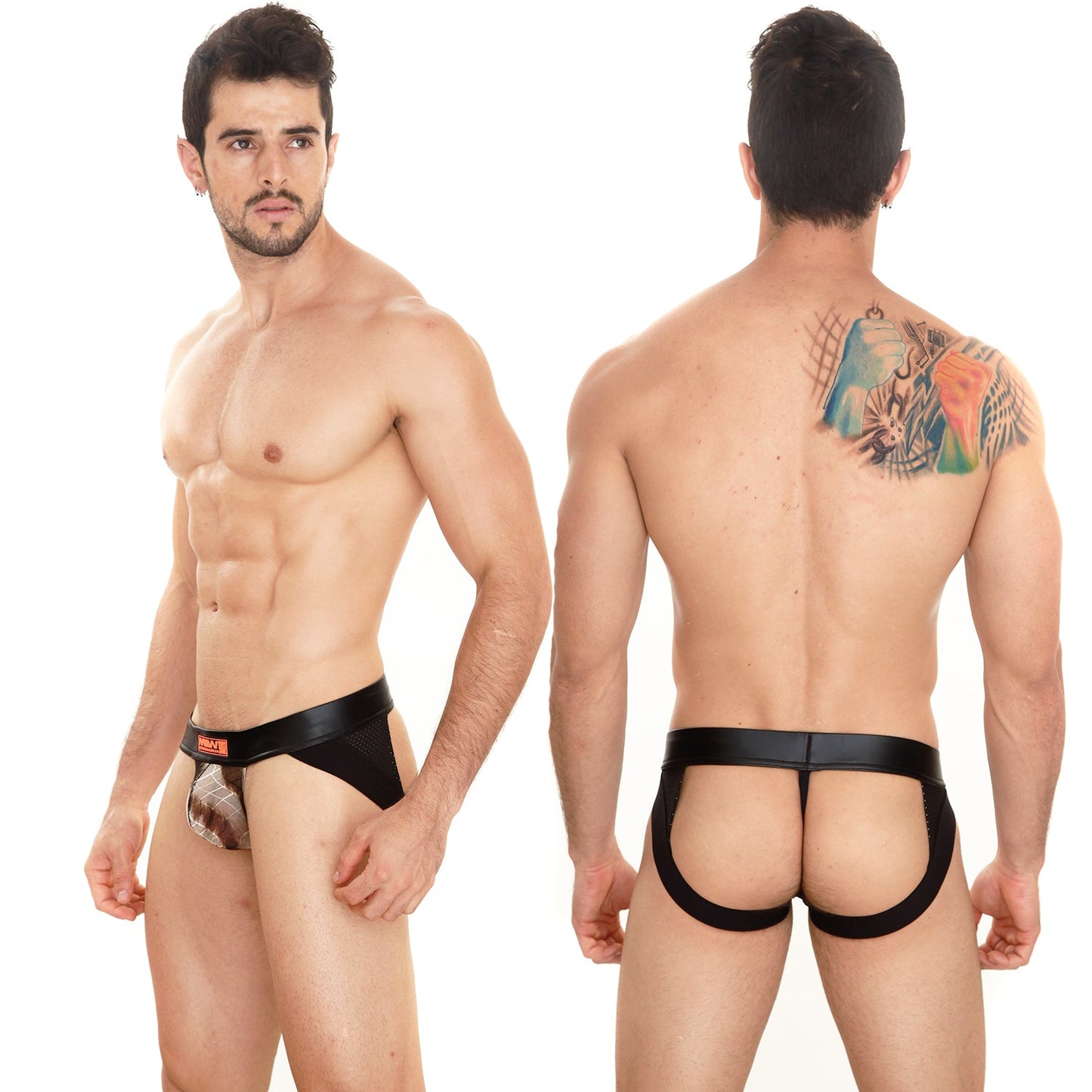MetroMaleWear super jock strap mesh 2001-71 black leather trimmed men’s briefs with patterned front panel