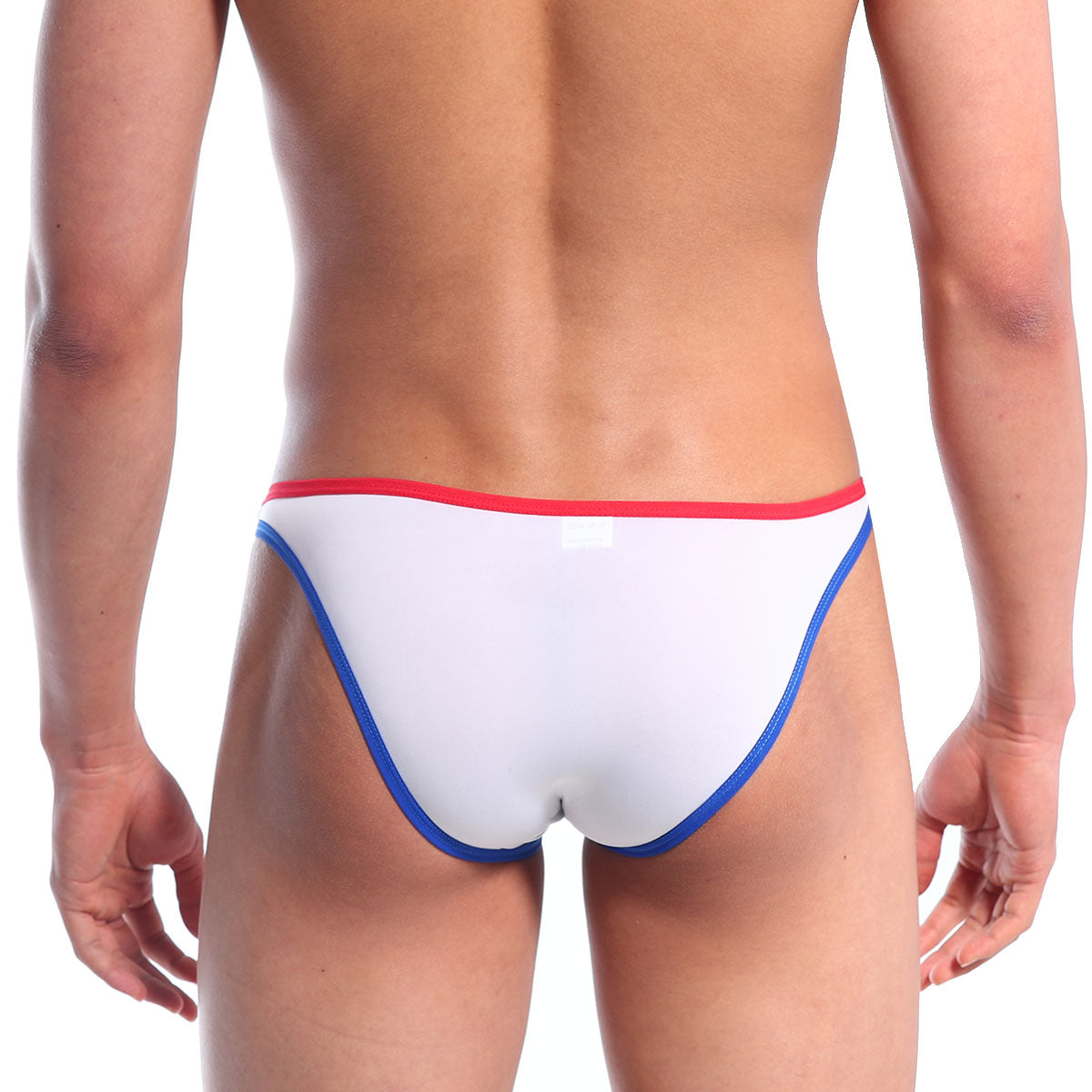 White briefs with red and blue trim from metromalewear sunbathing bikini italic white 2004-50 product line