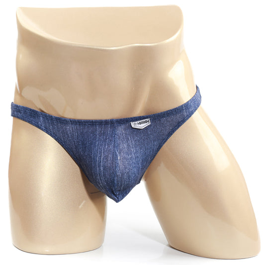 Blue denim thong with small white logo on waistband by metromalewear seduction bikini denim 2004-60 back view
