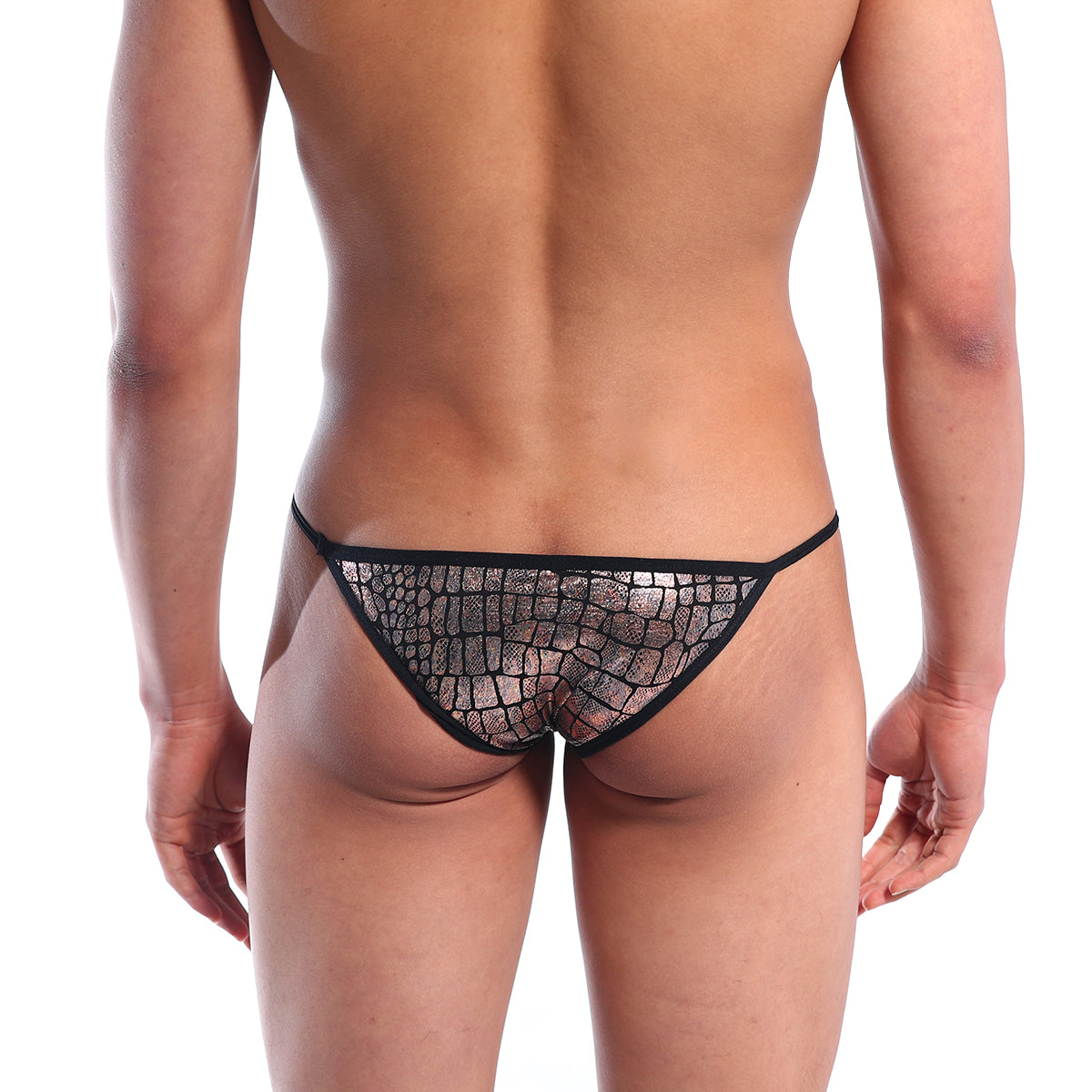 Black lace thong with subtle metallic gold crocodile-scale pattern from MetroMaleWear string bikini collection
