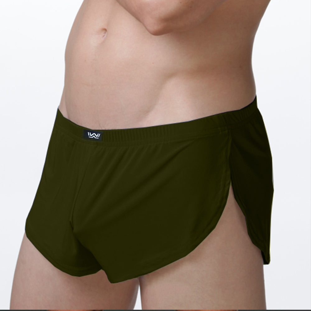 Dark olive green form-fitting MetroMaleWear lounge split boxer briefs with a small black logo on the waistband