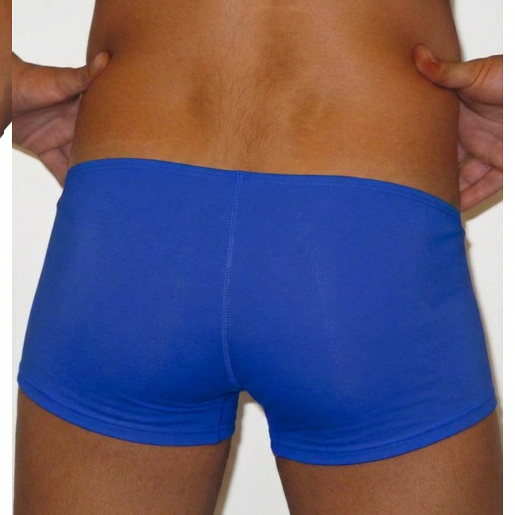 Back view of metroMalewear minimo boxer royal blue form-fitting briefs with smooth stretchy fabric and central seam