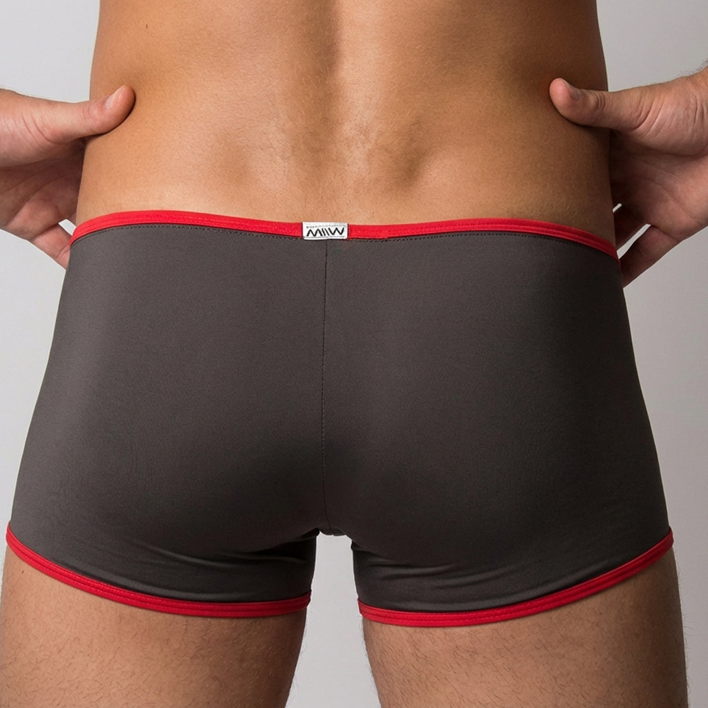 Dark gray metro male wear minimo boxer briefs with bold red trim and white mww label in khaki 2013-26 design