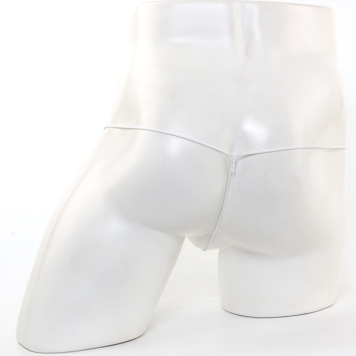 White glossy mannequin torso displaying MetroMaleWear microfiber white briefs with thin center zipper and lime mesh detailing