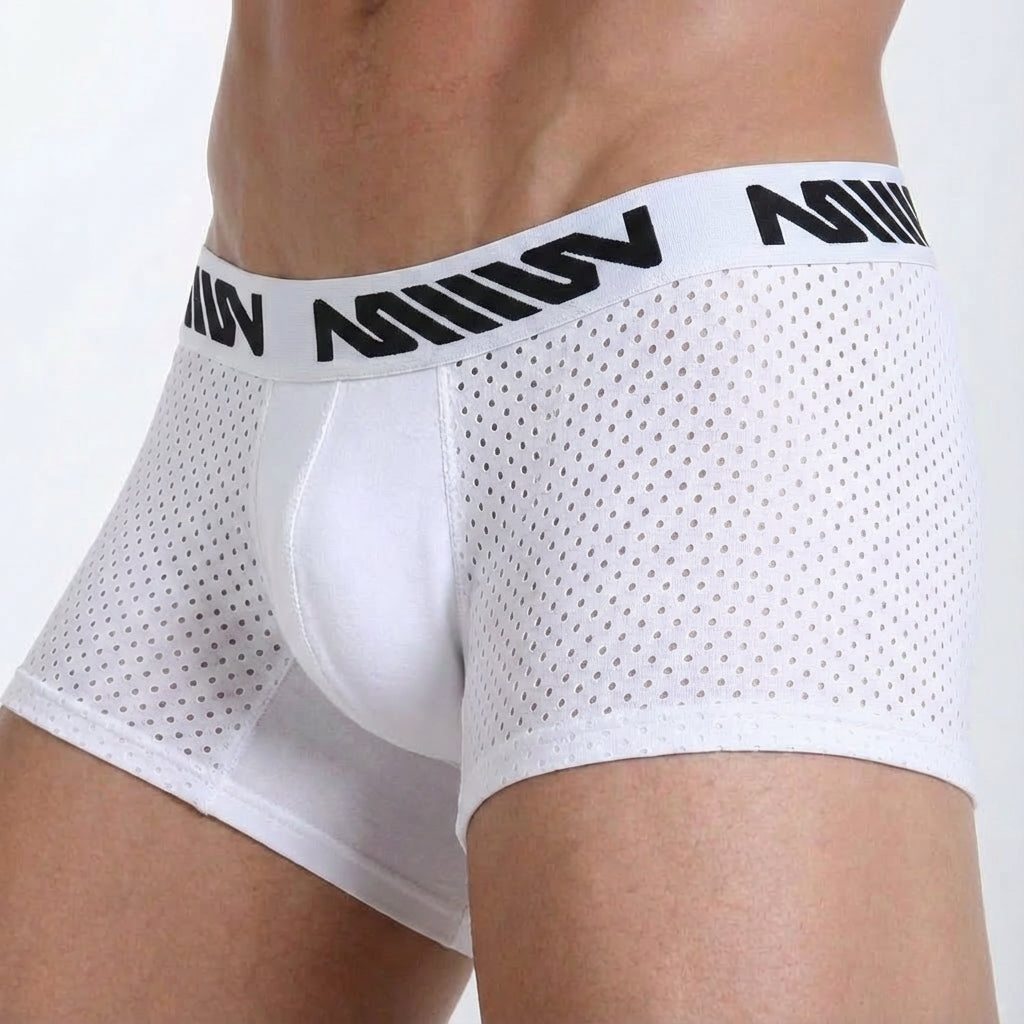White mesh metro malewear short boxer briefs with black miiow logo waistband avalanche 7 inch 2022-05 model