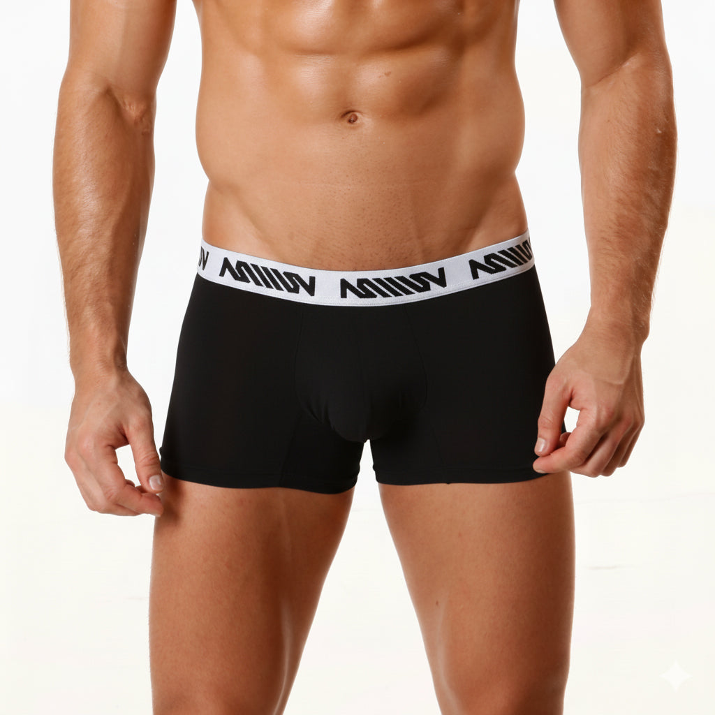 Black men’s microfiber boxer briefs with white aviv elastic waistband metroMaleWear micro short 7-inch black 2022-20