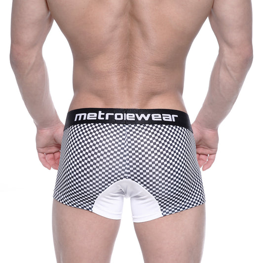 MetroMaleWear mosaic short boxer 7 inch black and white checkered briefs with white crotch panel and metroiewear waistband