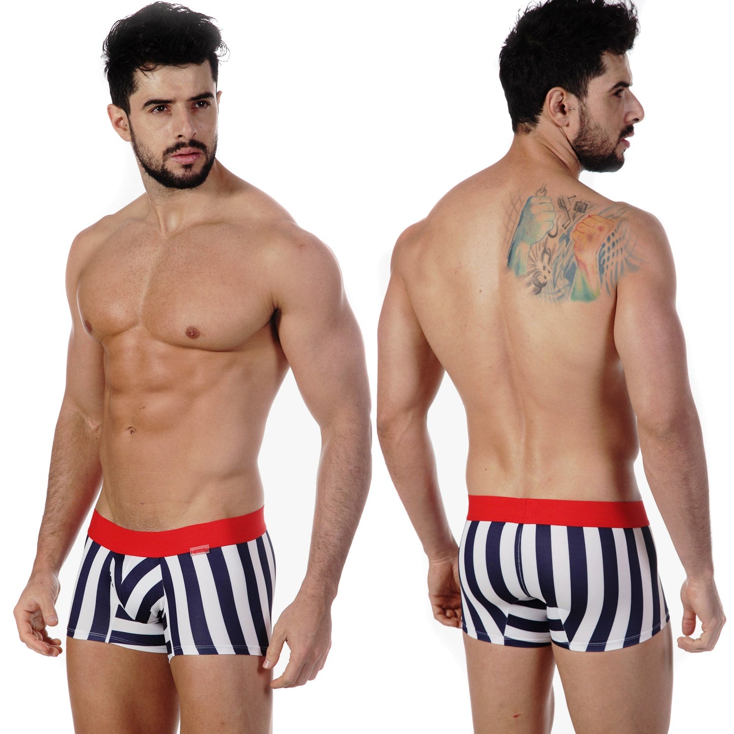 MetroMaleWear short boxer briefs with navy white stripes and red elastic waistband designed for comfort and style