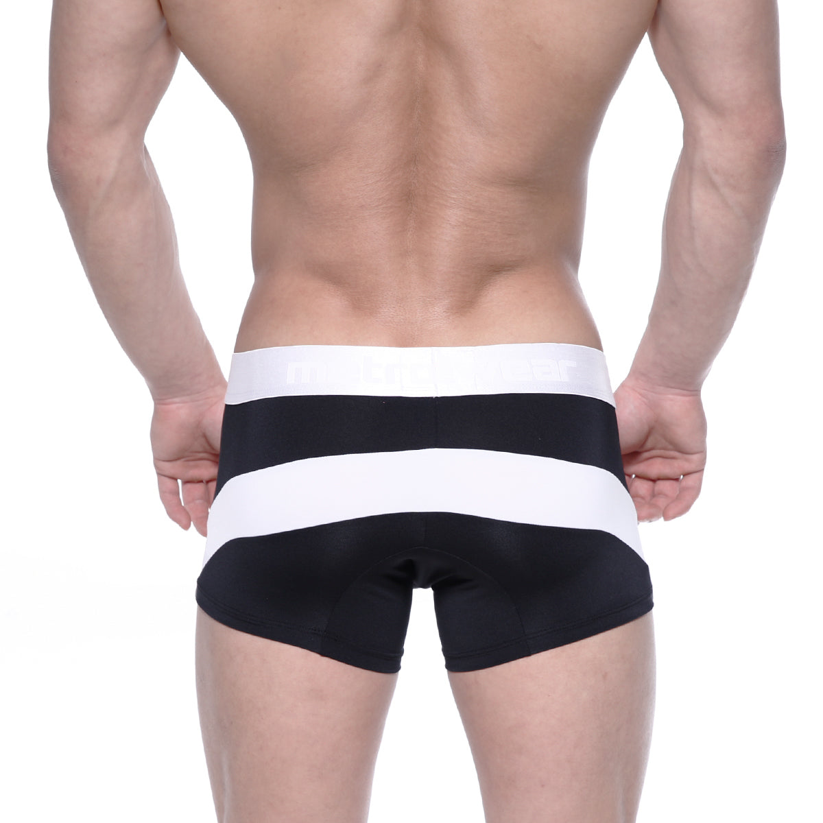 Black and white striped metroMalewear polyester short boxer briefs with wide elastic waistband and 7 inch arc length