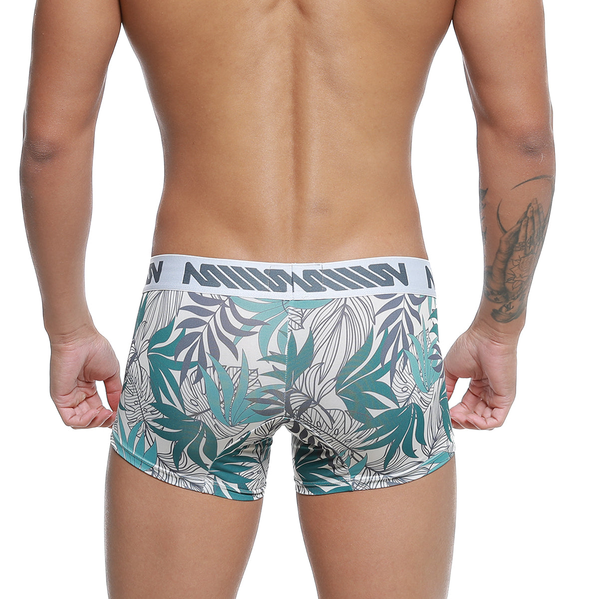 Men’s tropical leaf-patterned boxer briefs in teal gray and white with branded elastic waistband metroMaleWear meadow 7