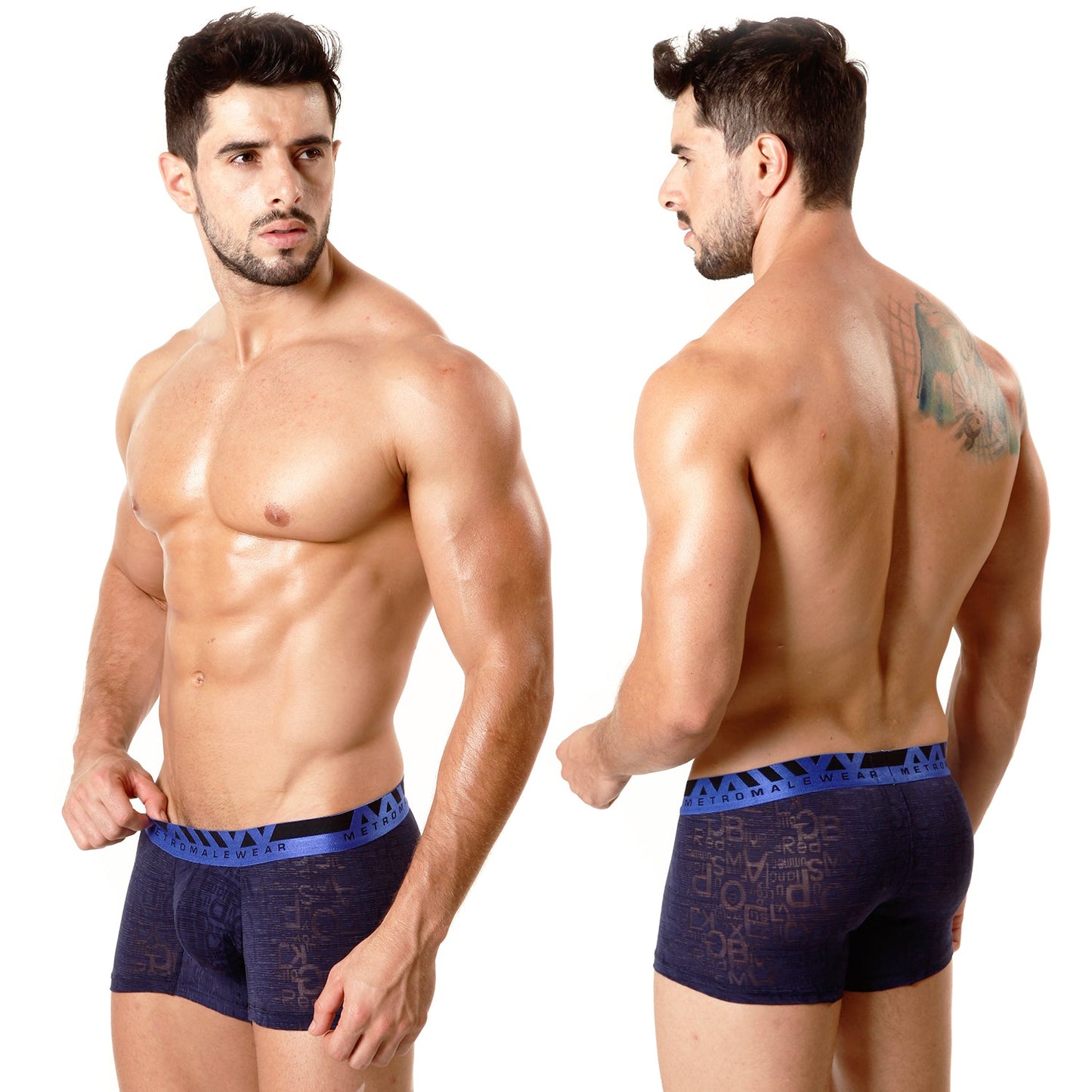 Navy blue MetroMaleWear Carve short boxer briefs with textured pattern and bright blue waistband featuring metallwear