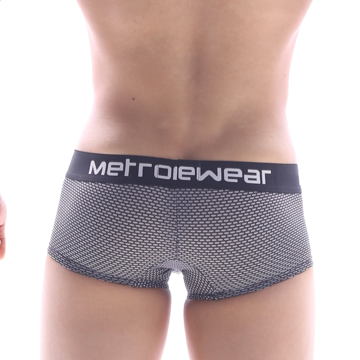 Black and gray mesh metroMaleWear short boxer briefs with a black waistband and white logo honeycomb pattern