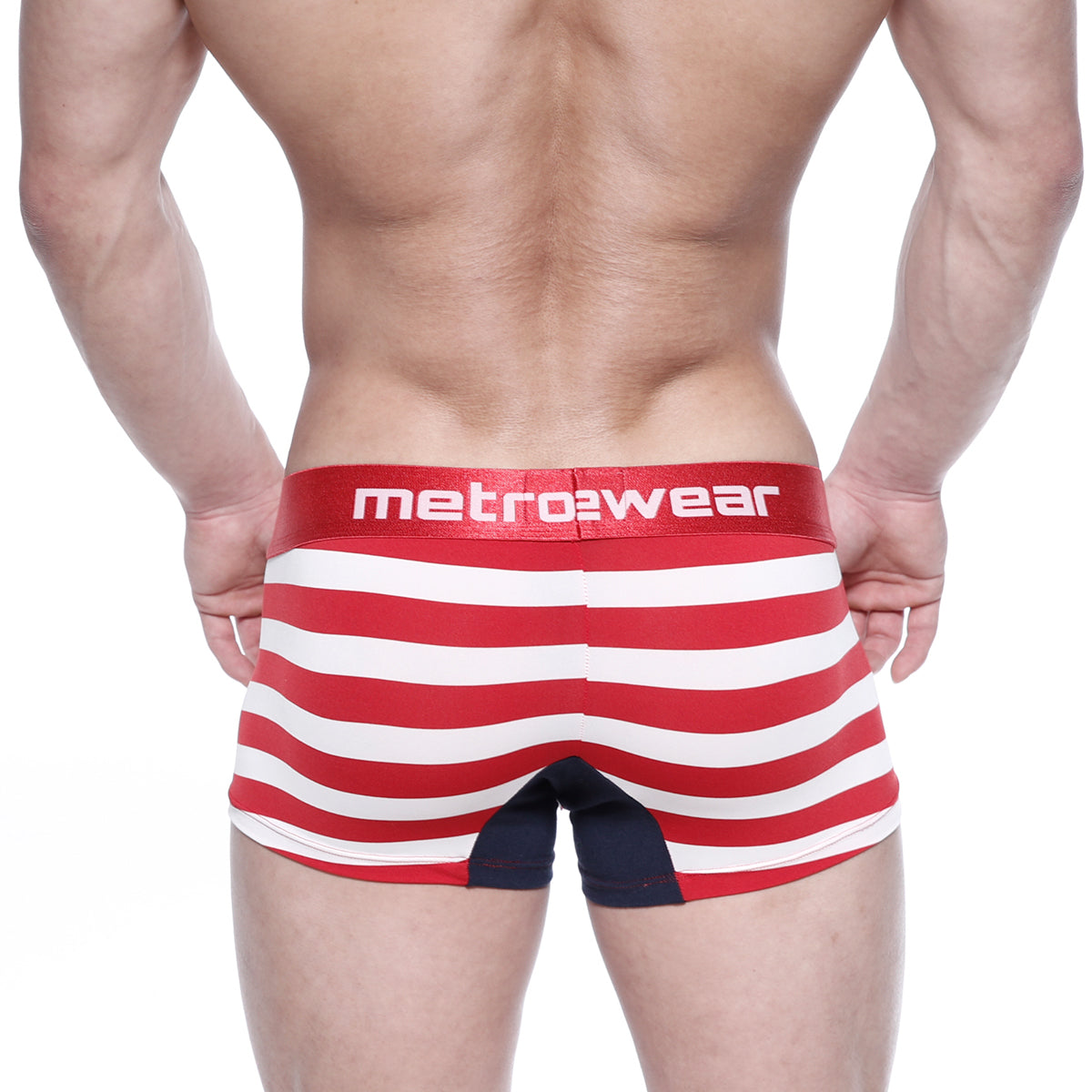 Back view of metro2wear metroMalewear patriot short boxer 7 inch 2022-91 red white striped briefs with navy panel