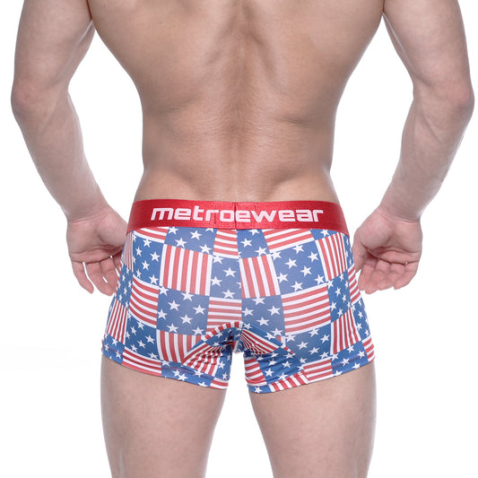 Men’s boxer briefs with american flag patchwork pattern and red metrowear waistband metroMalewear usa 7 inch