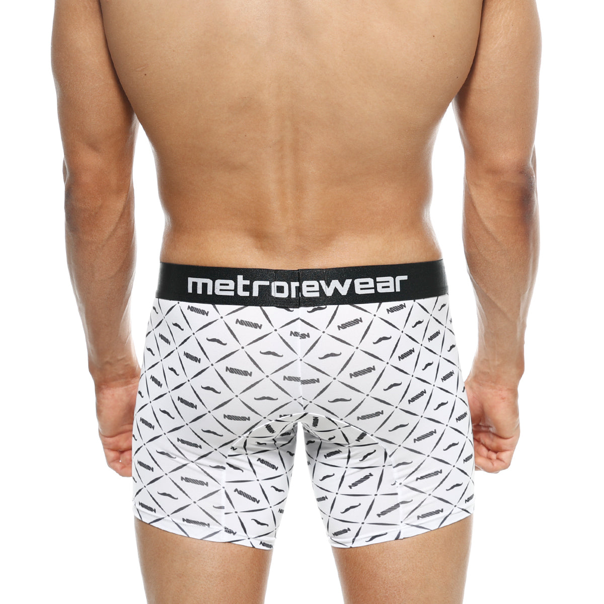 White boxer briefs with black geometric mustache pattern and metrowear branded waistband metroMalewear mid boxer 10 inch