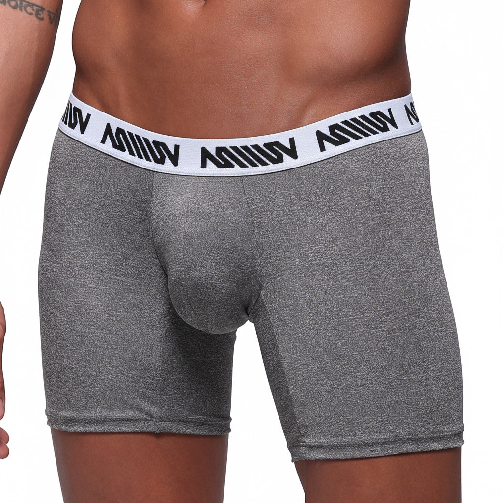 MetroMaleWear heather mid boxer 10 inch gray heathered briefs with white waistband and black logo text