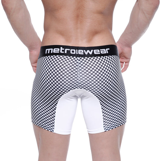Black and white checkered men’s boxer briefs with white back panel and black metroiewear waistband showing back side
