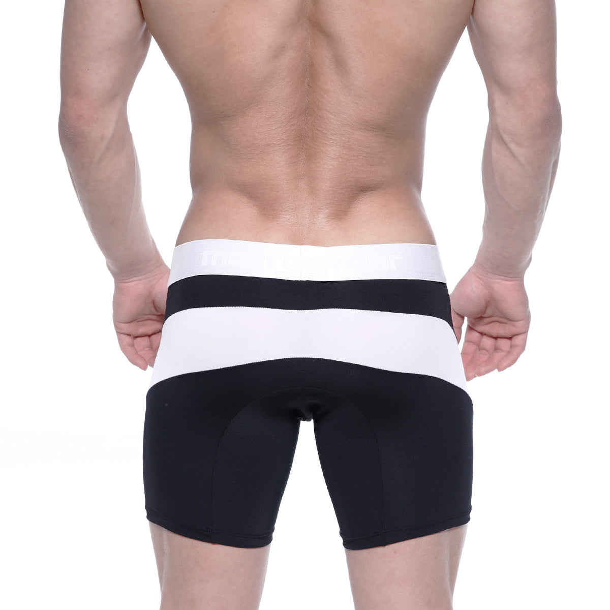 Black and white striped metro malewear polyester mid boxer arc 10 inch briefs with snug form-fitting design