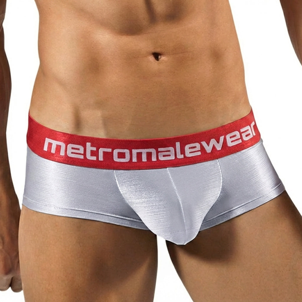 MetroMaleWear mini cheek boxer chrome silver metallic briefs with red waistband and metroMaleWear logo
