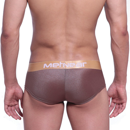 Brown metallic-textured men’s briefs with a tan metnear waistband from metroMalewear mini cheek boxer spark gold 2025-21