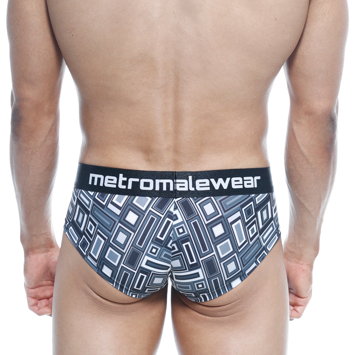 Black and white geometric-patterned men’s briefs with branded waistband metroMalewear mini cheek boxer Basalto 2025-23
