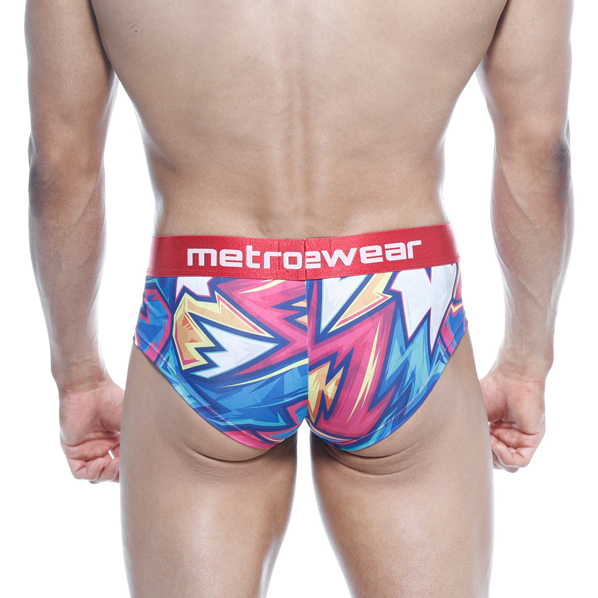 Metro male wear mini cheek boxer atractivo 2025-33 vibrant graffiti patterned briefs in blue pink yellow with red metro2wear waistband