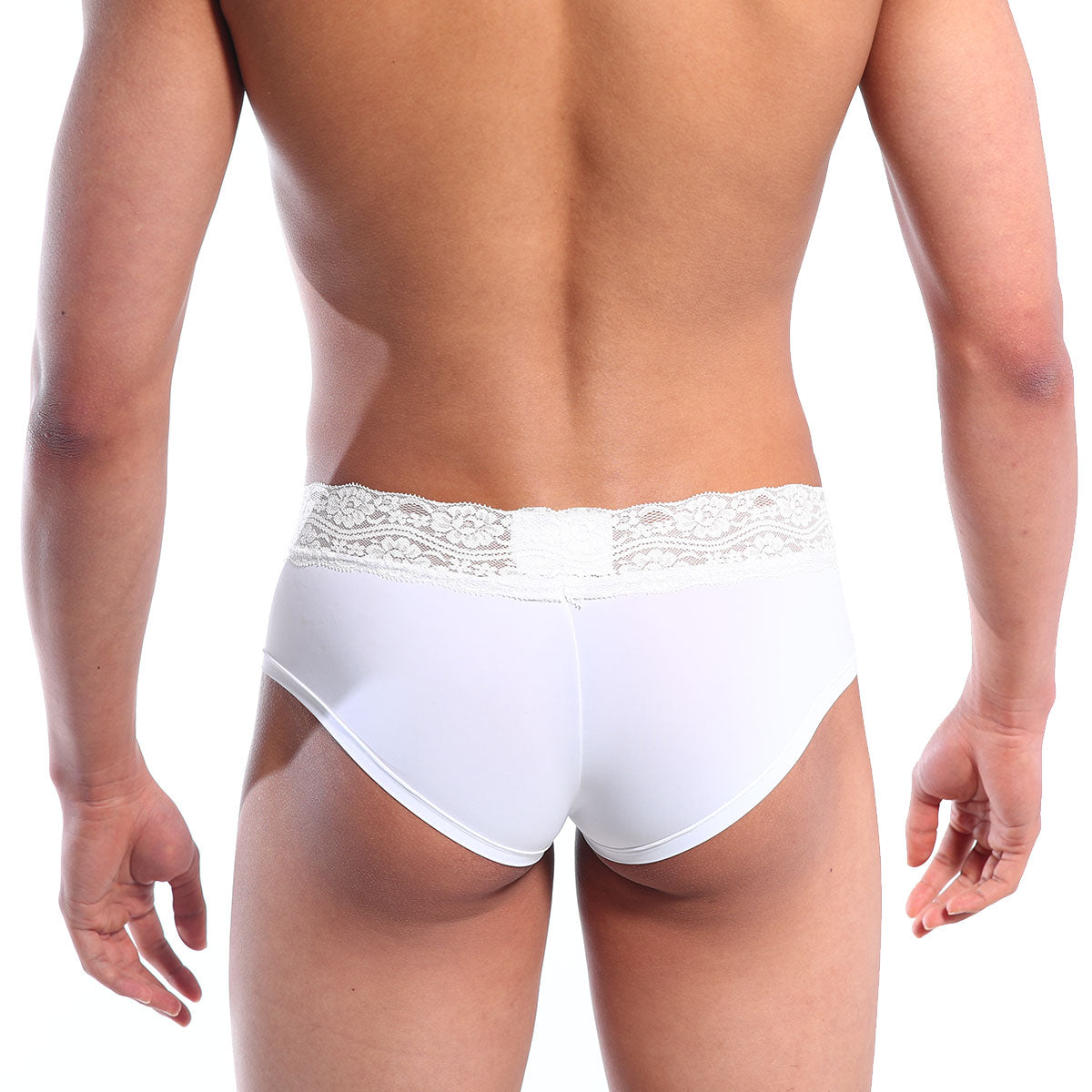 White lace-trimmed briefs metro male wear mini cheek boxer lace in white showing front view