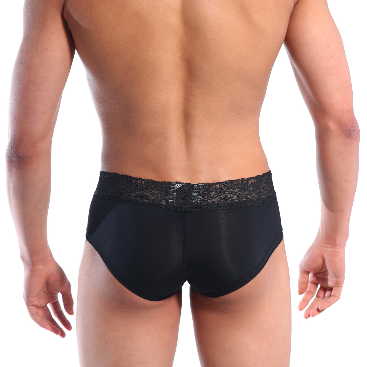 Black lace-trimmed mini cheek boxer briefs in sheer form-fitting fabric by MetroMaleWear in black, back side view