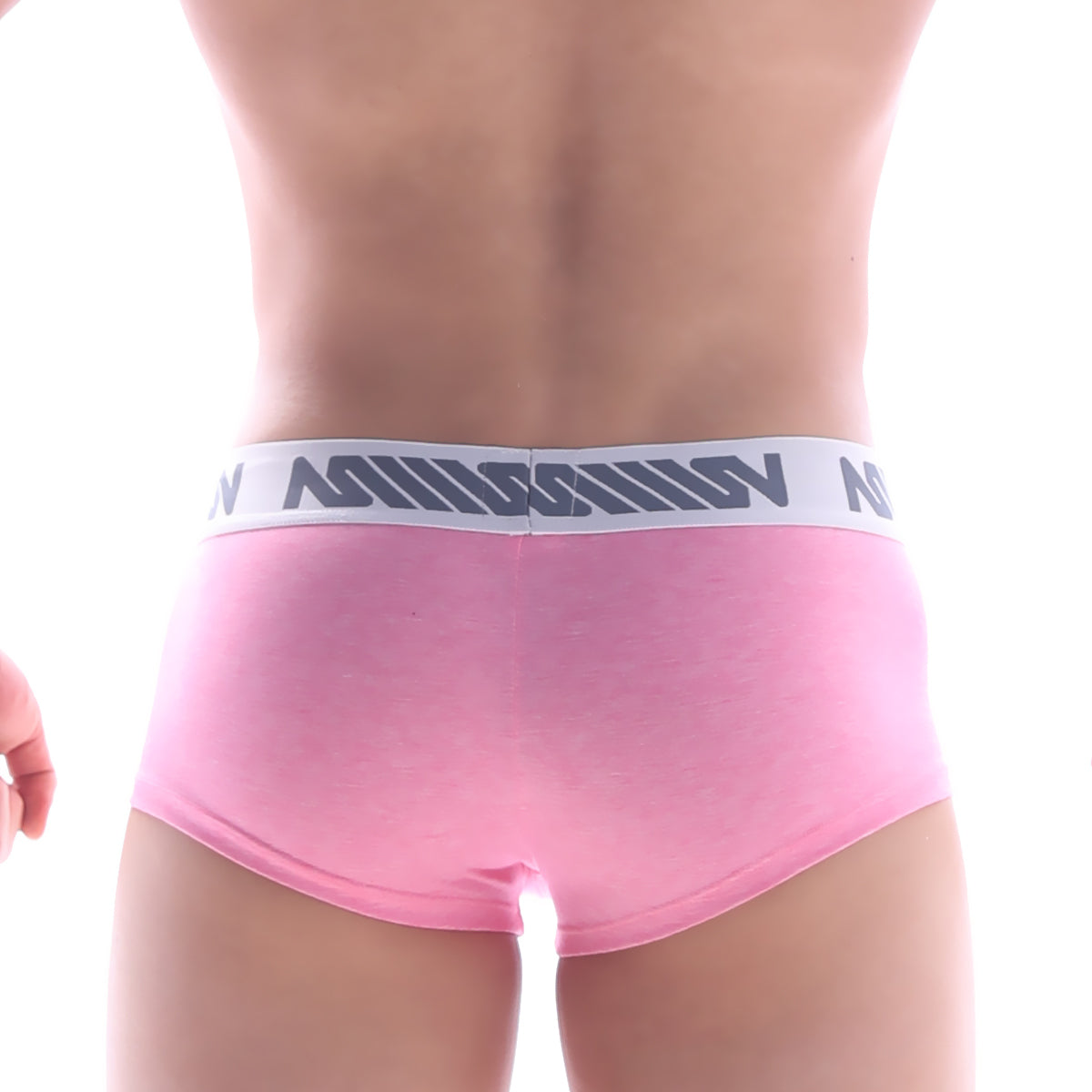 MetroMaleWear Asian short boxer pink men’s briefs with white elastic waistband and gray lettering for comfortable wear