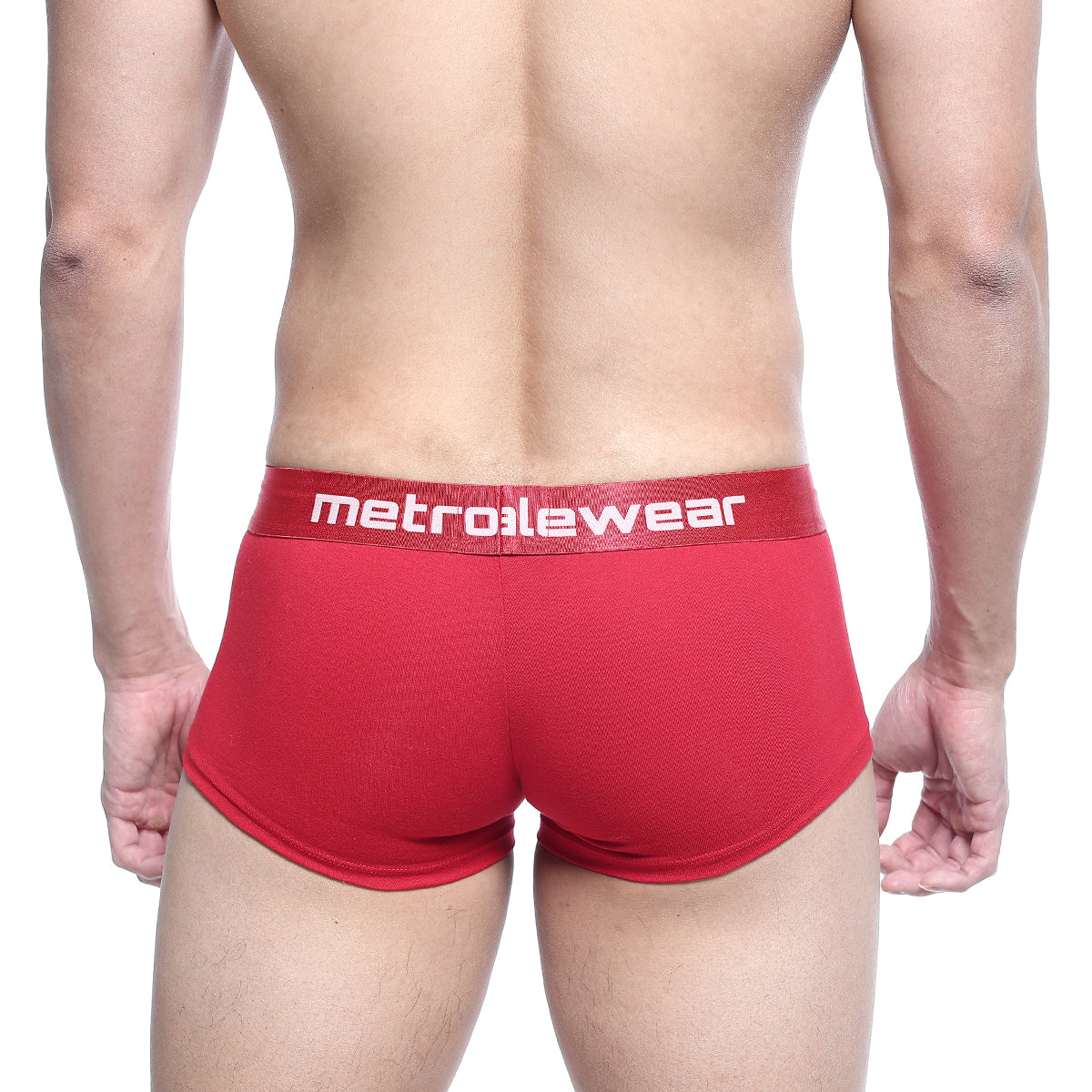 Red metroalewear briefs with textured fabric and white logo on waistband from metro malewear county trunk 2026-12
