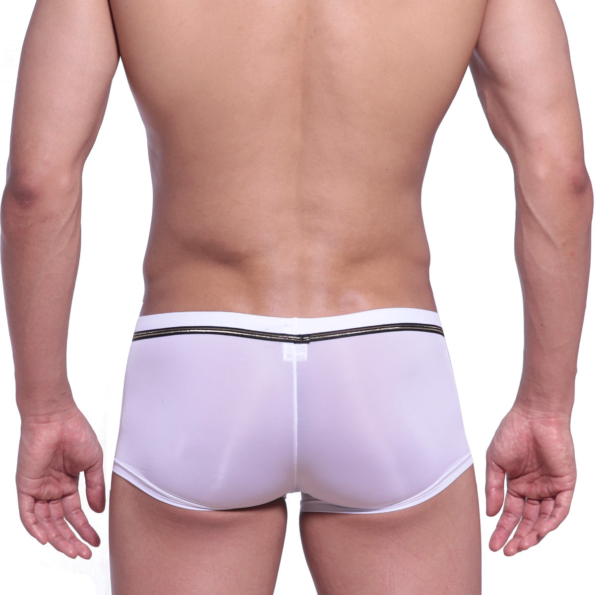 Back view of metroMalewear faro boxer brief white 2026-39 featuring white sheer briefs with black waistband and logo