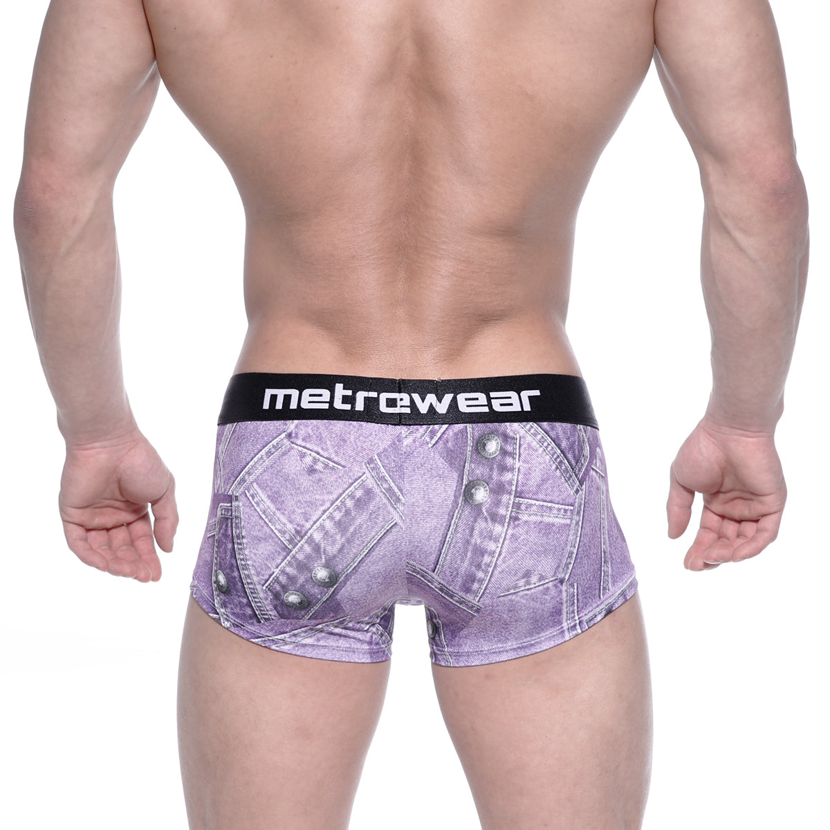 Purple denim-patterned metro male wear boxer briefs with black waistband featuring metrewear brand name