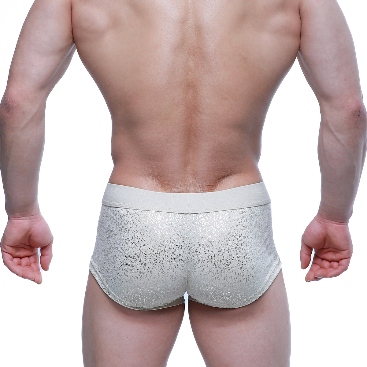 MetroMaleWear Gloria short boxer 2026-57 silver glittery briefs with solid light gray waistband front view