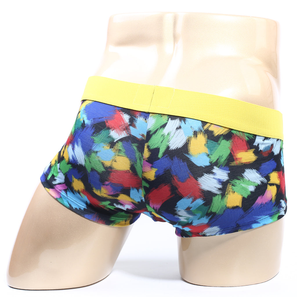 Colorful abstract brushstroke pattern men’s boxer briefs with bright yellow elastic waistband metroMalewear primavera short boxer 2026-58