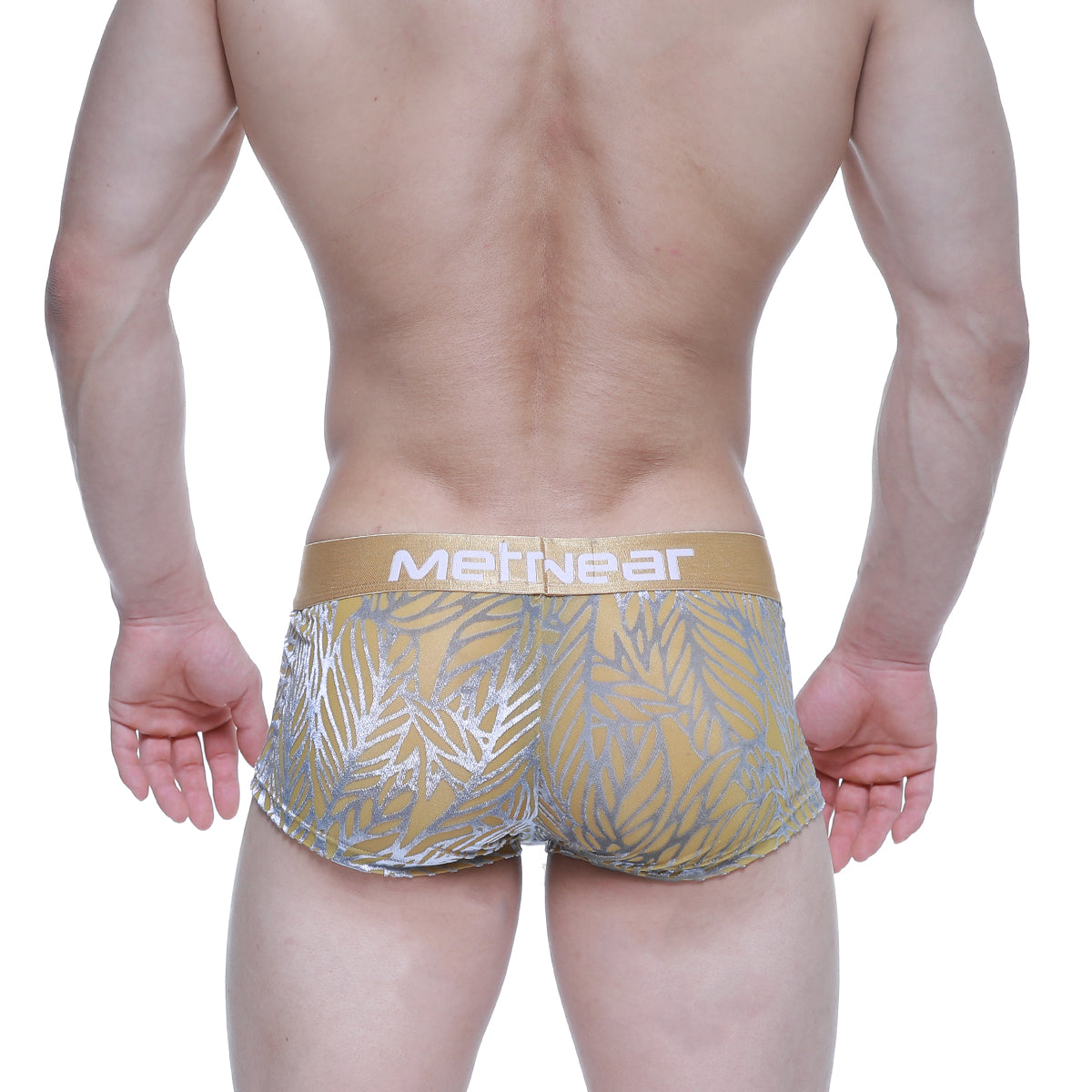 MetroMaleWear elegant short boxer 2026-65 gold and silver leaf patterned men’s briefs with metallic waistband