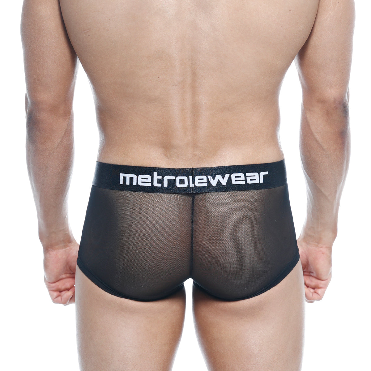 Black mesh briefs with solid black waistband and metrowear logo in white from metromalewear tron trunk 2026-70