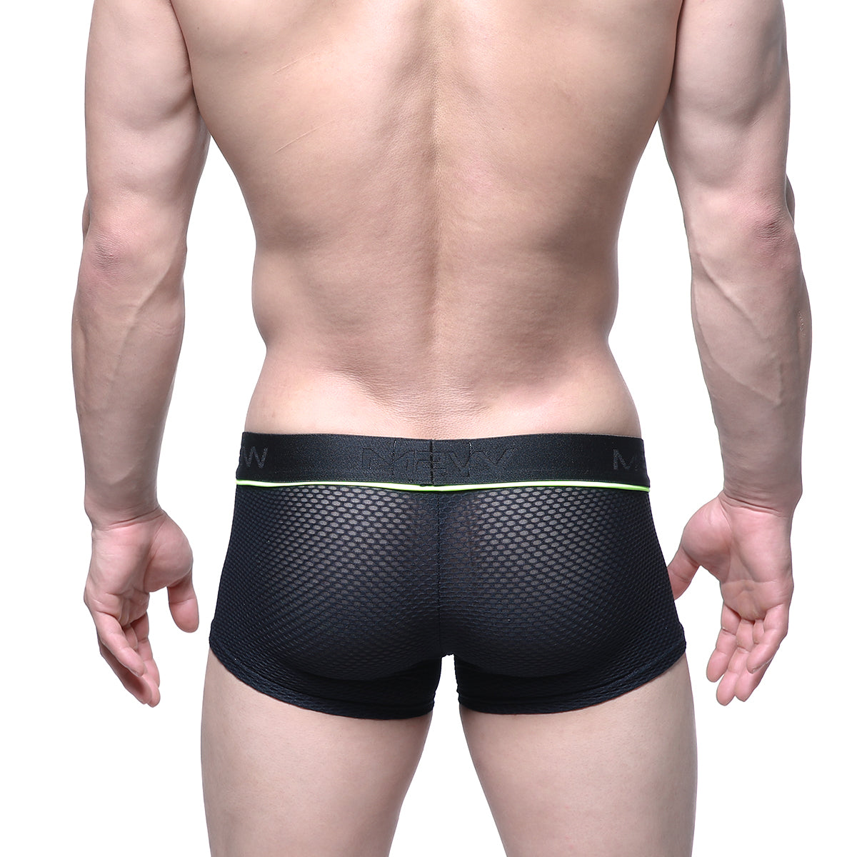 Black mesh briefs with neon green trim and nexx waistband from metro male wear meta trunk black 2026-75 collection