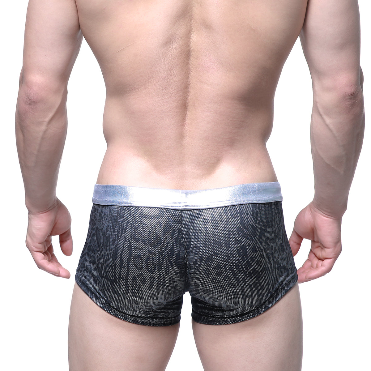 MetroMaleWear GLOSS trunk silver 2026-79 black and gray leopard-print mesh briefs with a shiny silver waistband