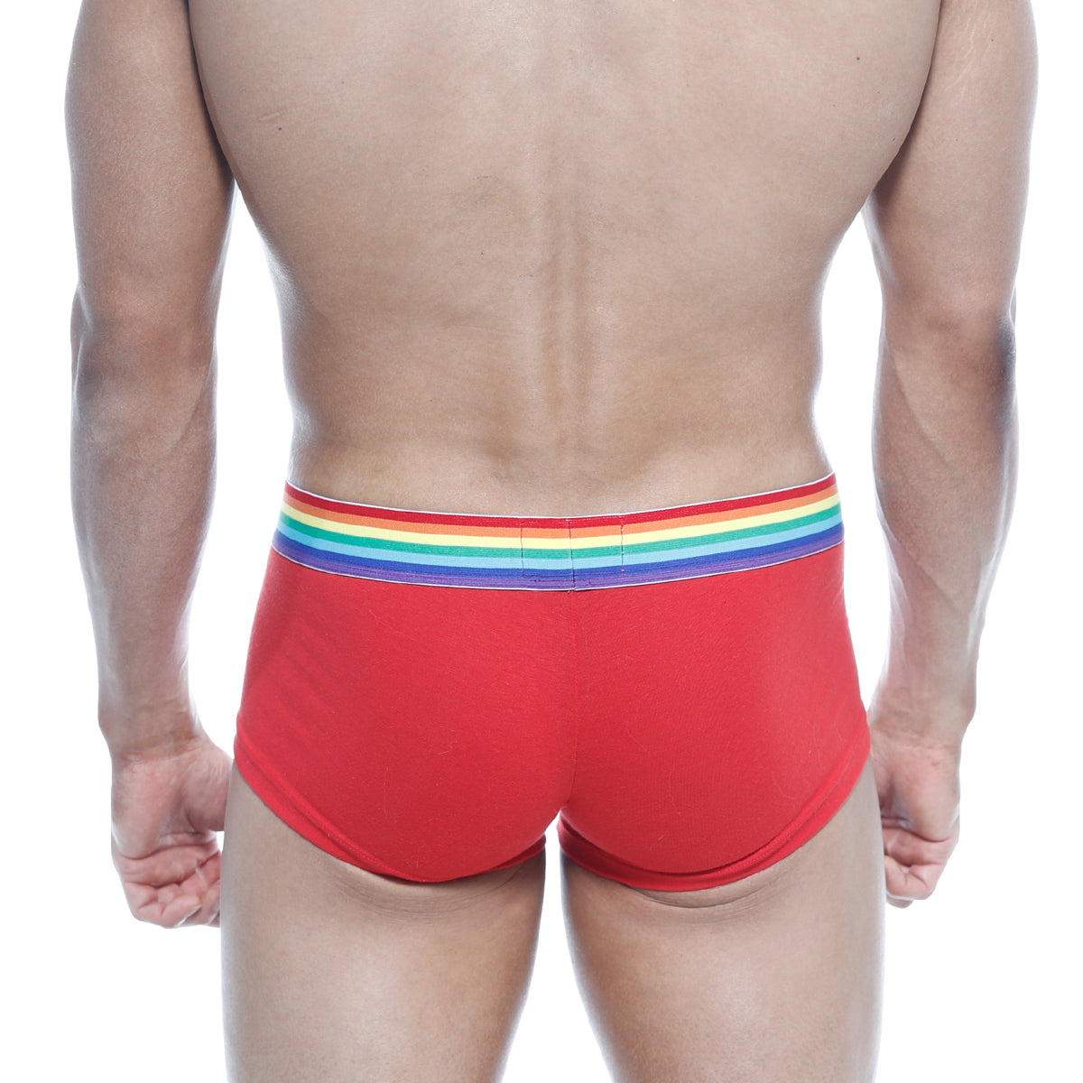 Red men’s briefs metro male wear pride trunk red 2026-R12 with rainbow-striped elastic waistband