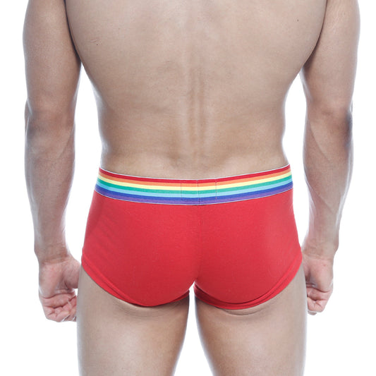 Red men’s briefs metro male wear pride trunk red 2026-R12 with rainbow-striped elastic waistband