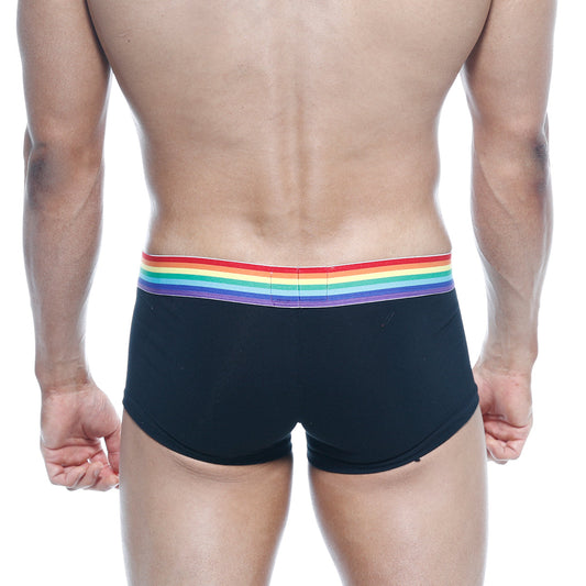 Black briefs with vibrant rainbow-striped waistband by metromalewear pride trunk 2026-r20 for comfortable daily wear