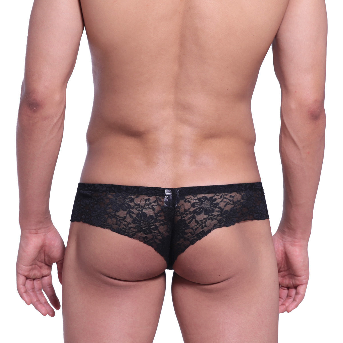 MetroMalewear micro cheek lace black men’s underwear featuring floral pattern in sheer lace fabric front view
