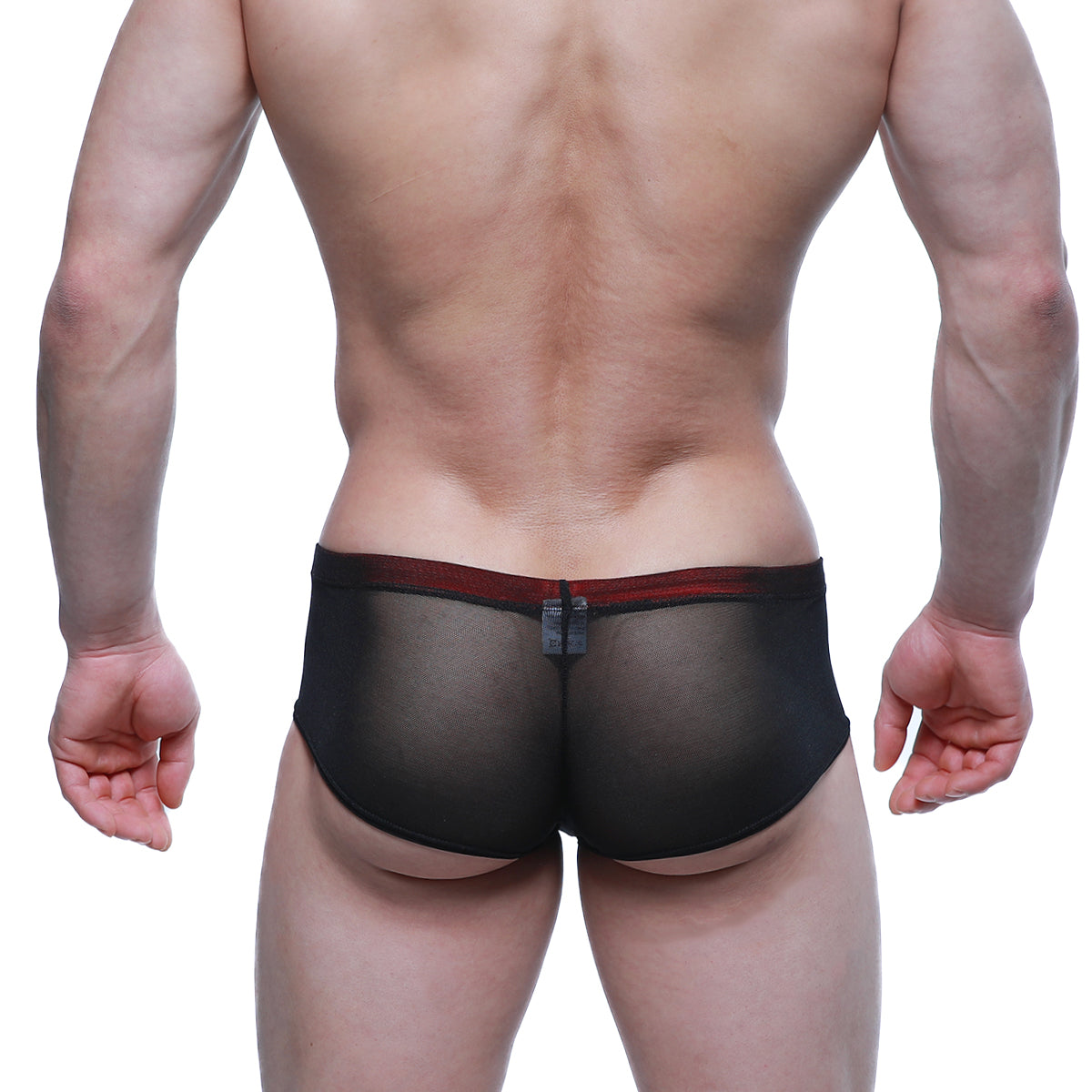 Black sheer mesh briefs with red waistband by metromalewear cheek patron 2028-71 visible from the front