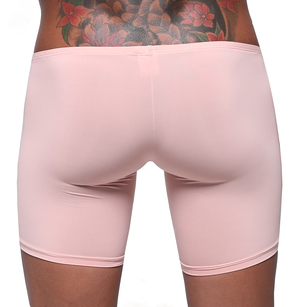 Pink MetroMaleWear Minimo long boxer shorts made of smooth stretchy fabric in dusty pink shown from the back side