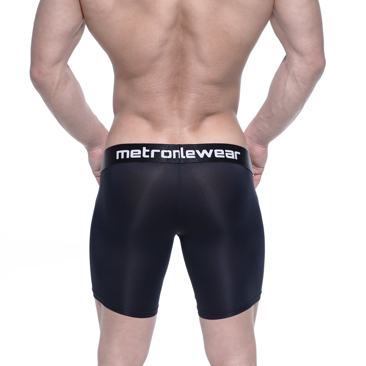 Black metronewear max long boxer men’s compression shorts with sleek fit and white logo waistband