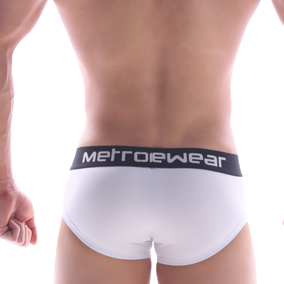 White metrowear max contour briefs with black waistband and white brand lettering in soft breathable fabric
