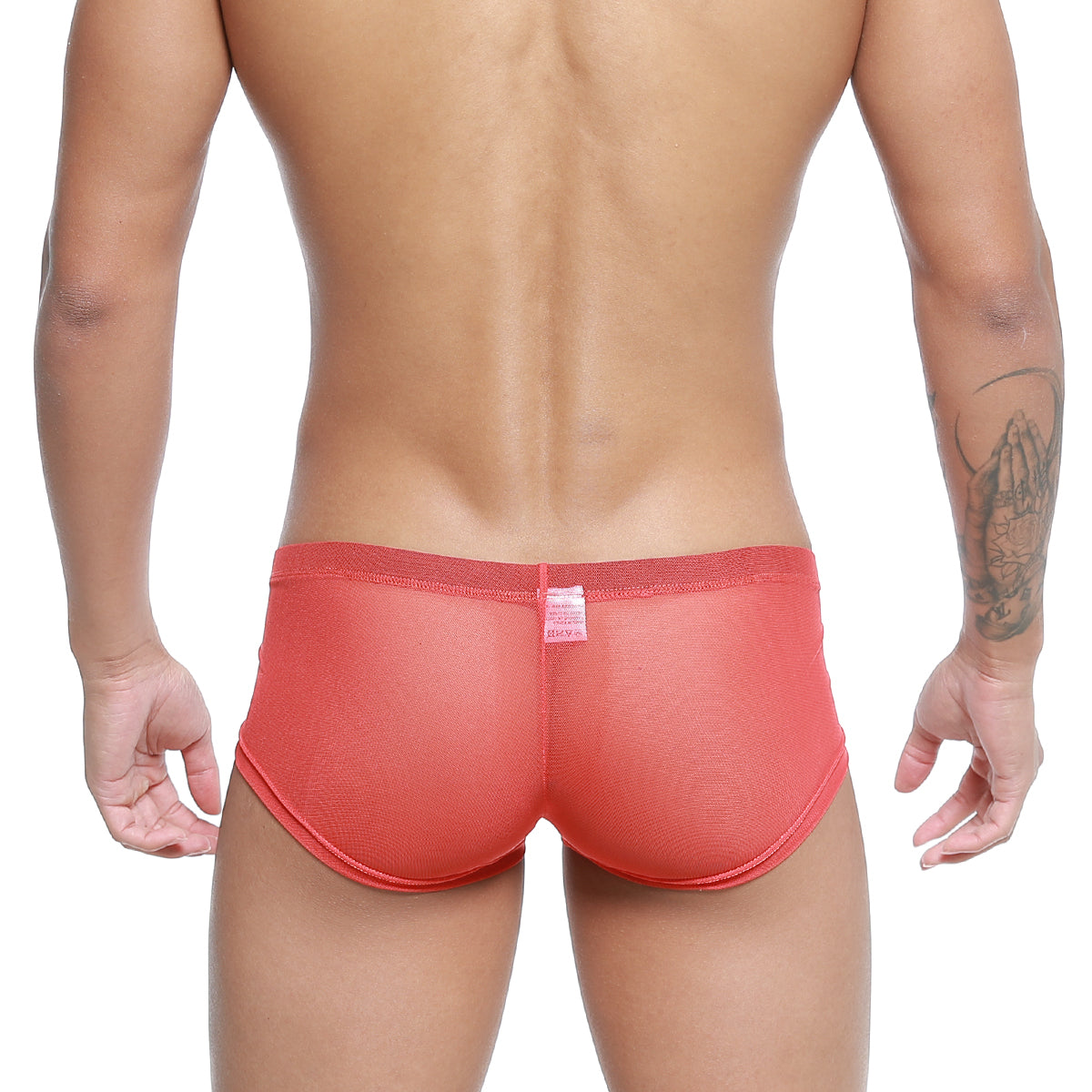 Coral-colored sheer mesh briefs with elastic waistband and snug fit from metromalewear tull rojo trunk 2125-13