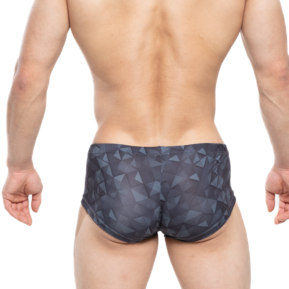 Dark gray swim trunks by metromalewear featuring a geometric triangle pattern for stylish beachwear